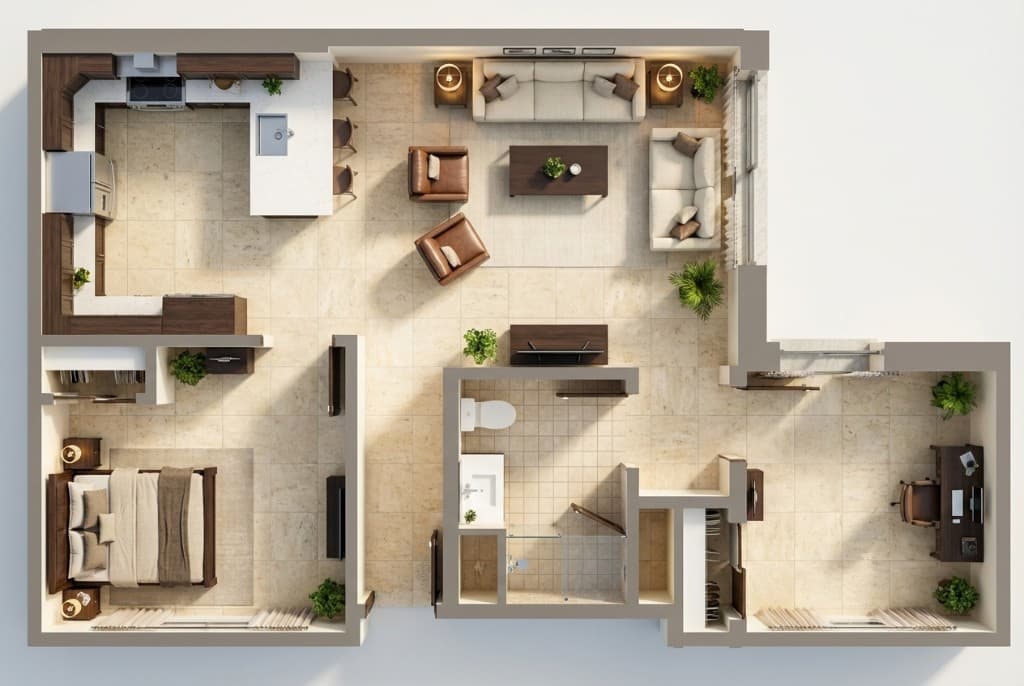 3D rendered floorplan of a modern apartment