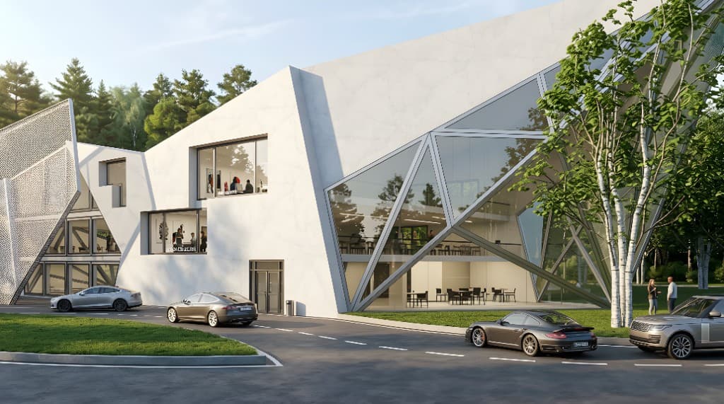 Angular commercial building with geometric glass facade