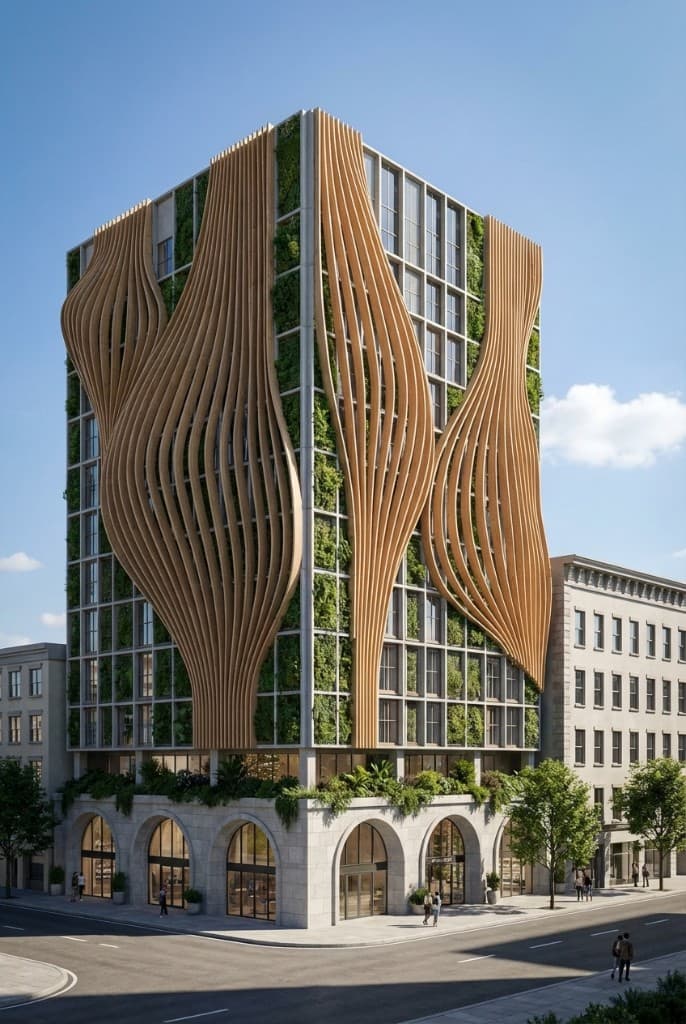 Biophilic tower with flowing timber facade and living walls