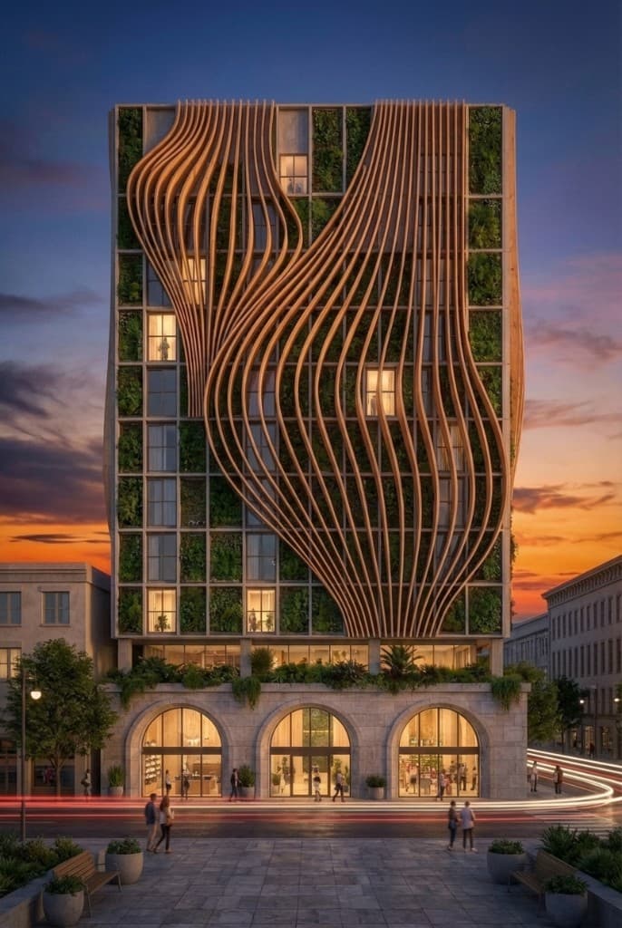 Biophilic tower with timber facade at twilight