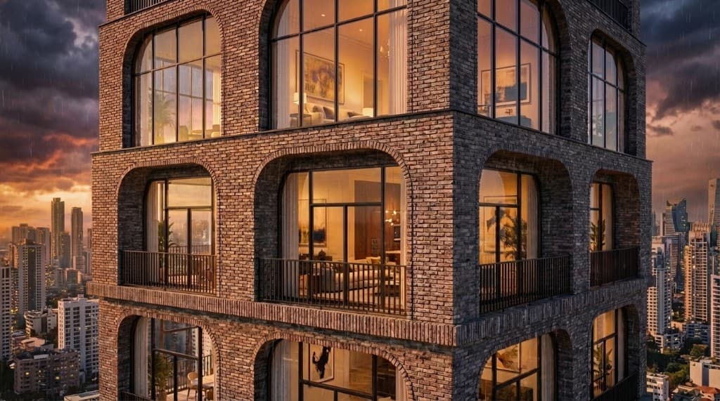 Industrial brick highrise in dramatic rainstorm