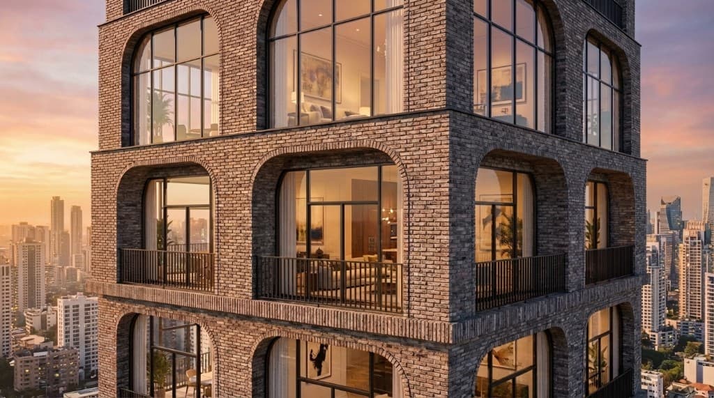 Industrial brick highrise at golden hour sunset