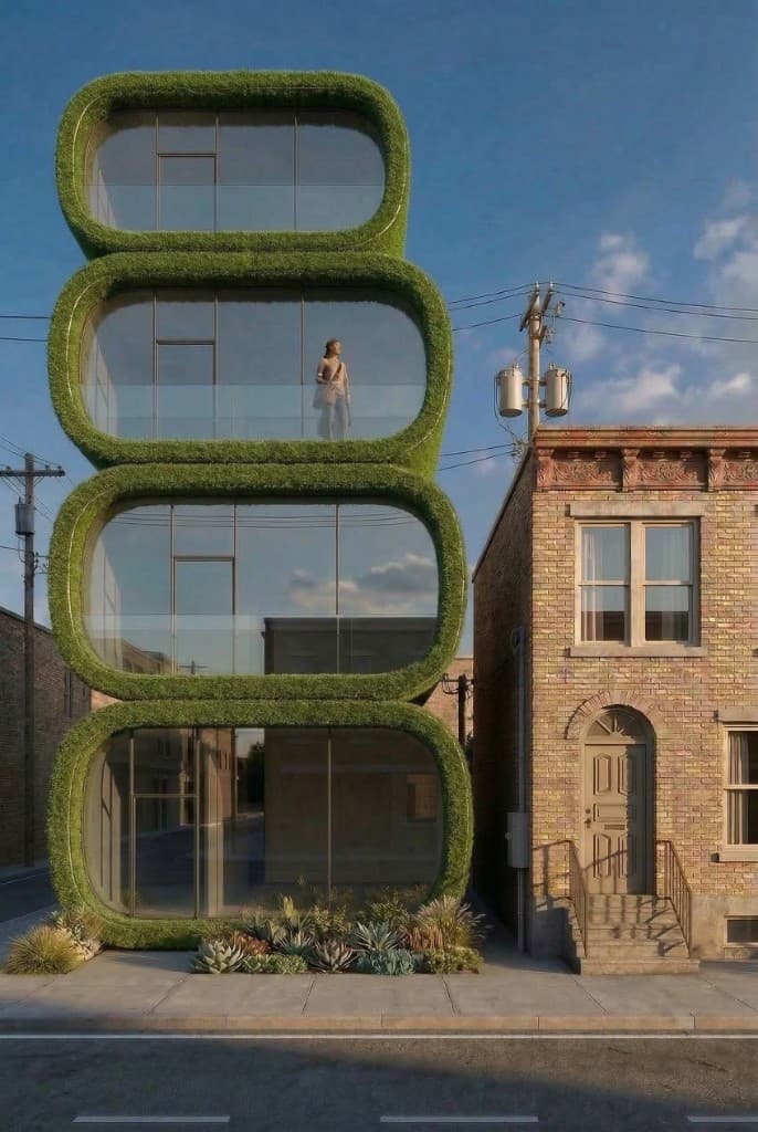 Green moss-covered pod building on urban street
