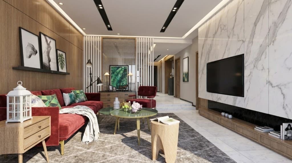 Luxury living room with marble accent wall