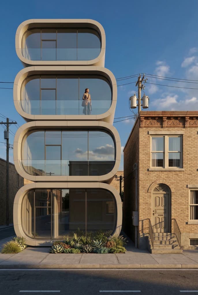 Modern stacked pod building with concrete facade
