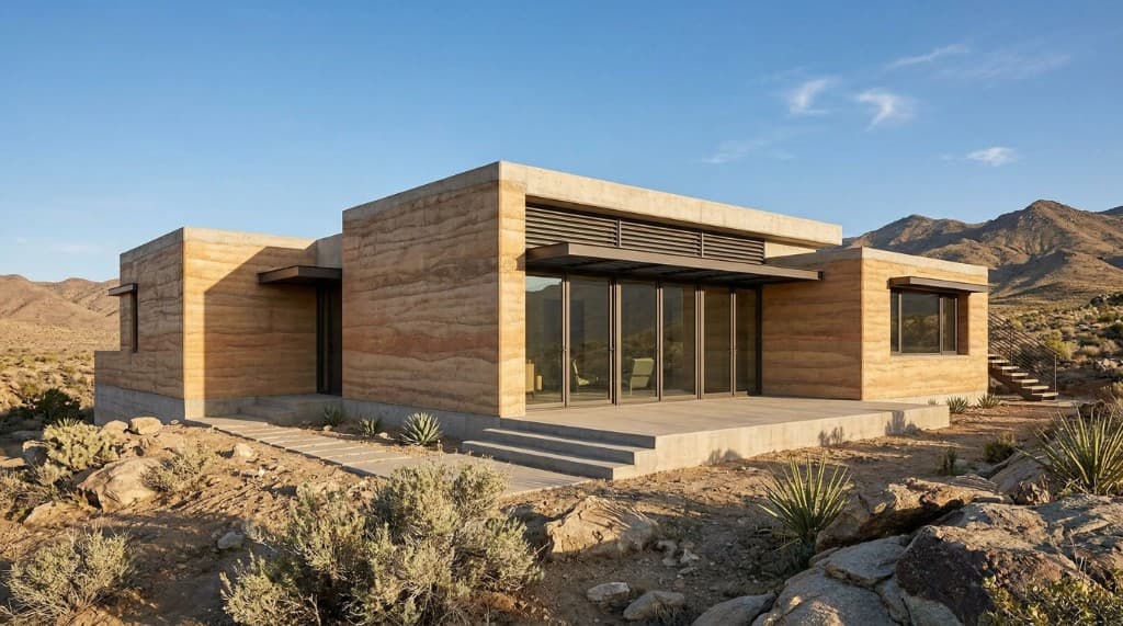 Rammed earth desert home with mountain views