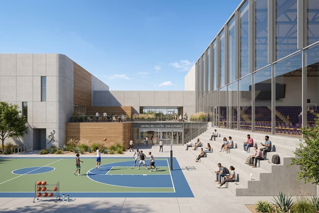 Recreation center with outdoor basketball court