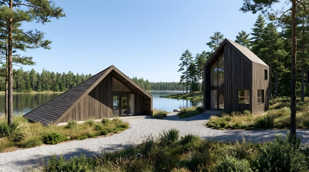 Scandinavian timber cabins on a forest lake