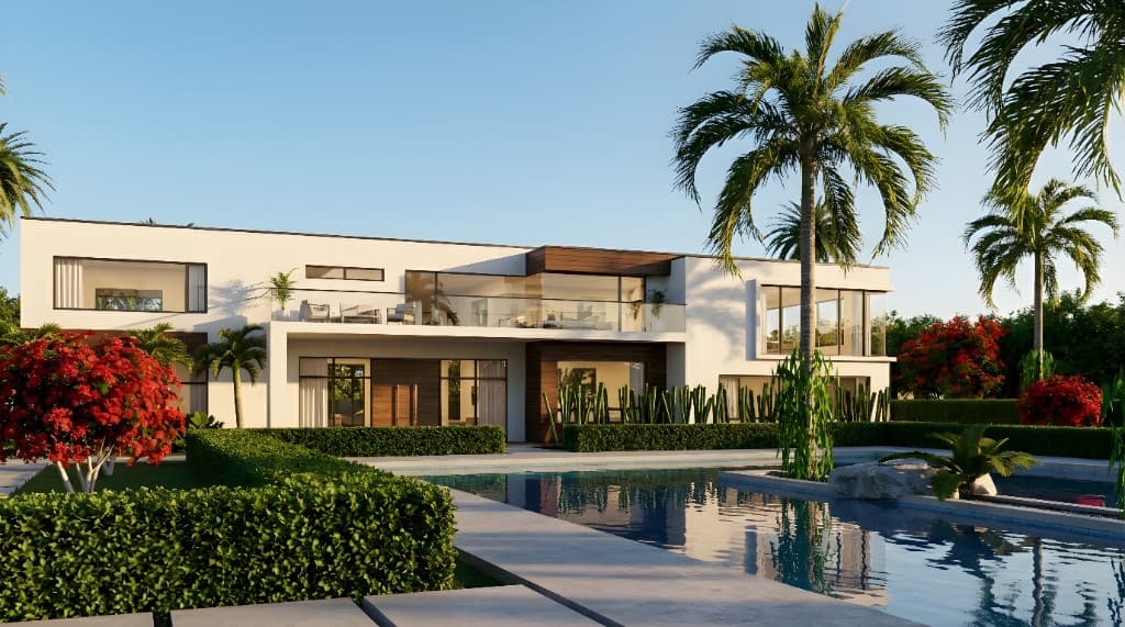 Tropical modern villa with pool and palm trees