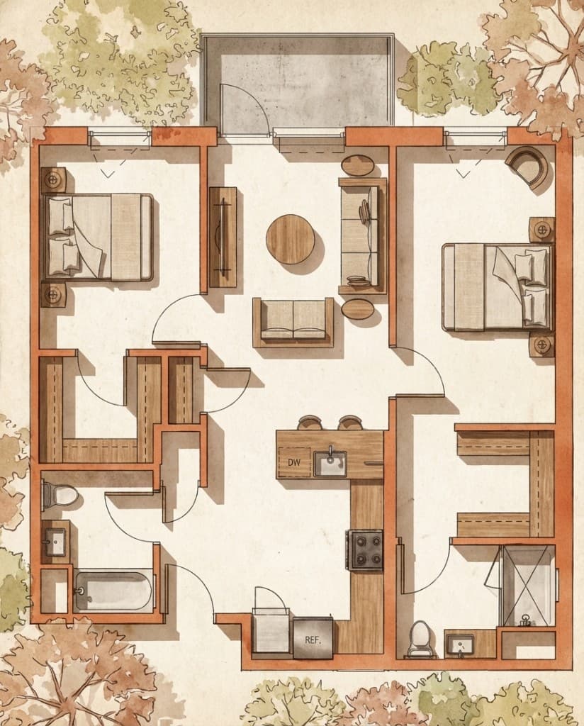 Watercolor-style architectural floorplan rendering