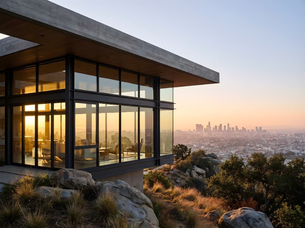 Hillside glass house with city view