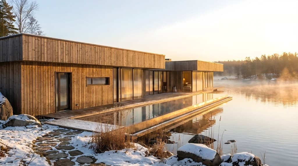 Sunset lakehouse view