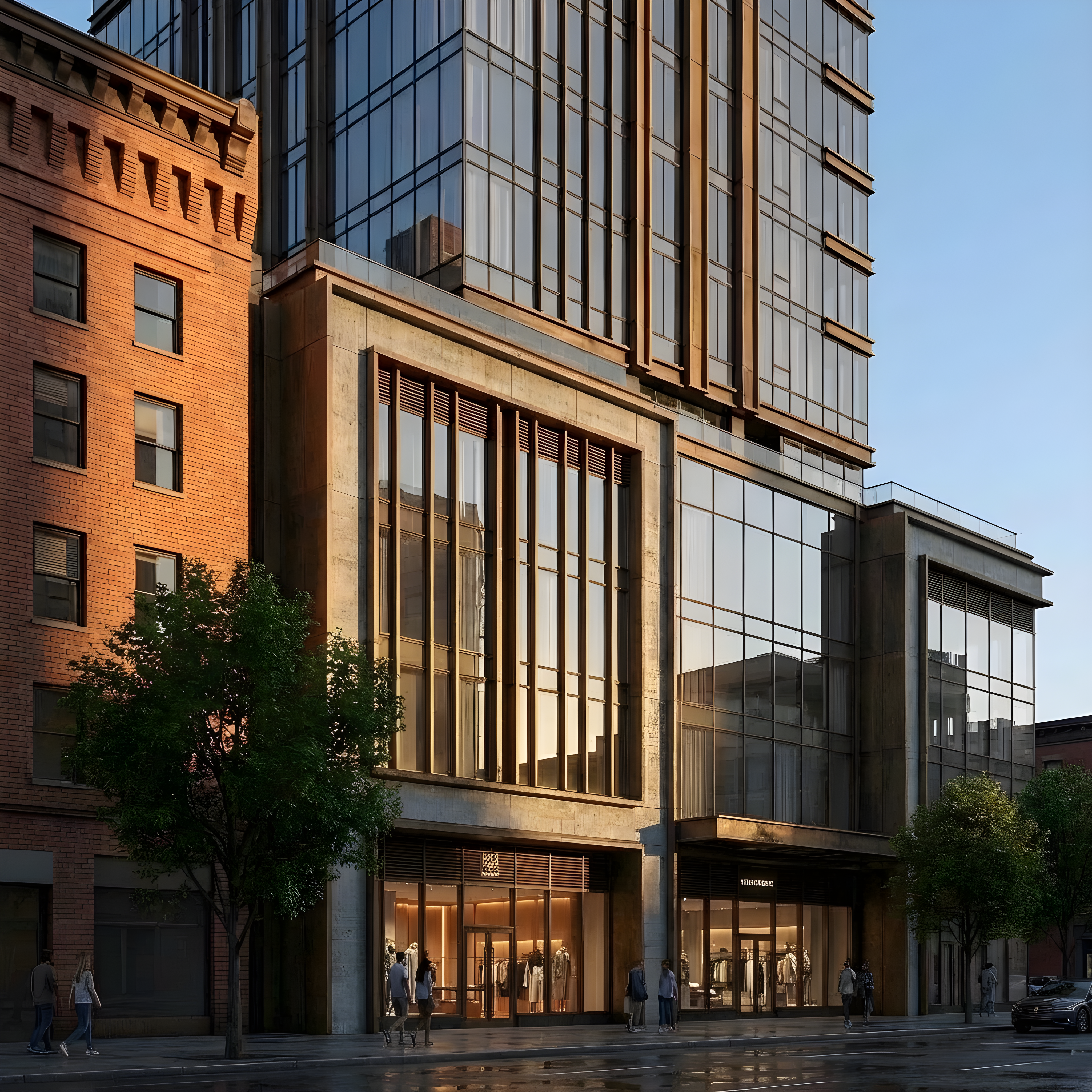 Brick and glass mid-rise on a city corner, rendered with Rendershop