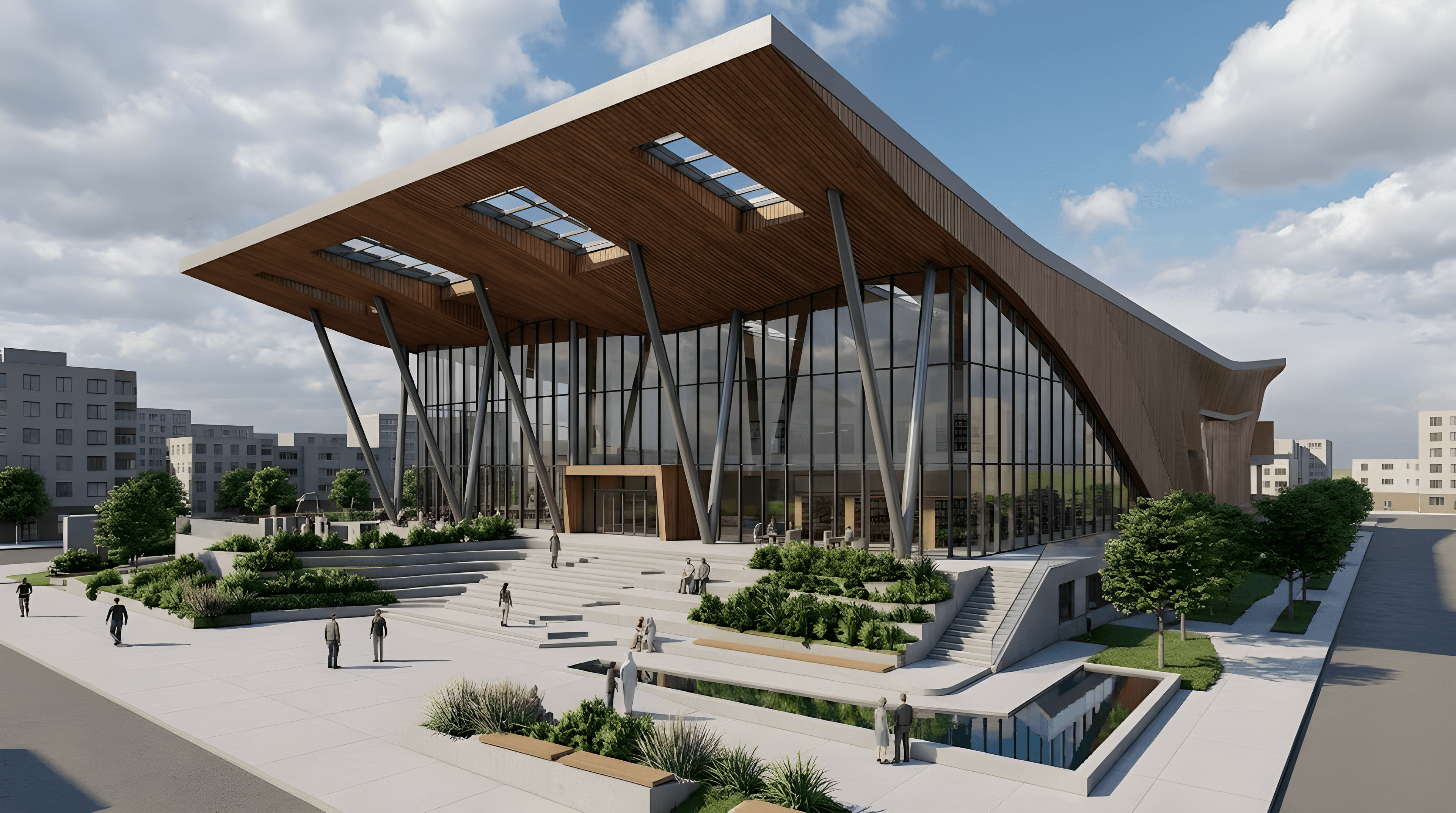 Timber-roofed public pavilion and plaza, rendered with Rendershop