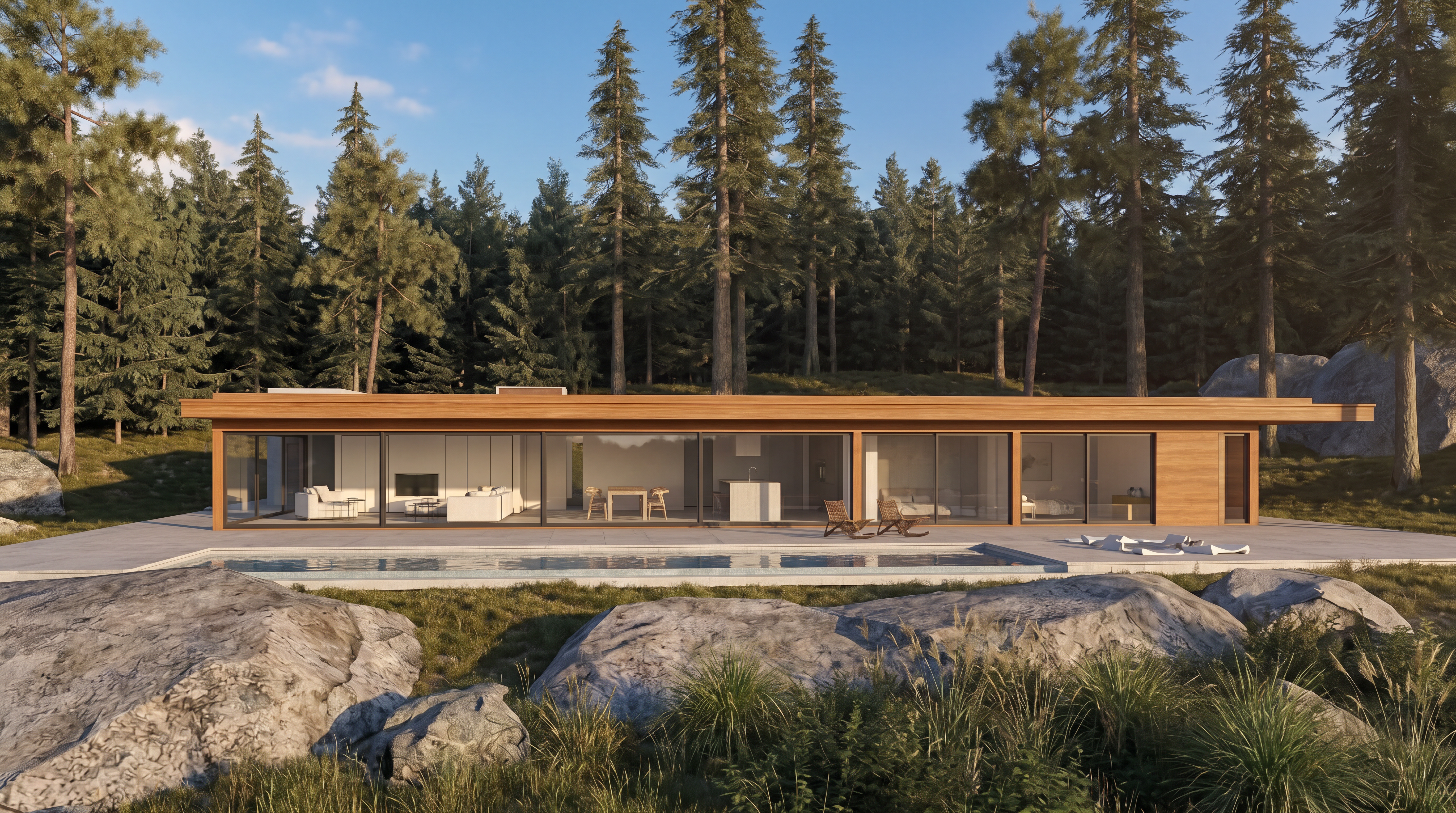 Long low house in a pine forest, rendered with Rendershop