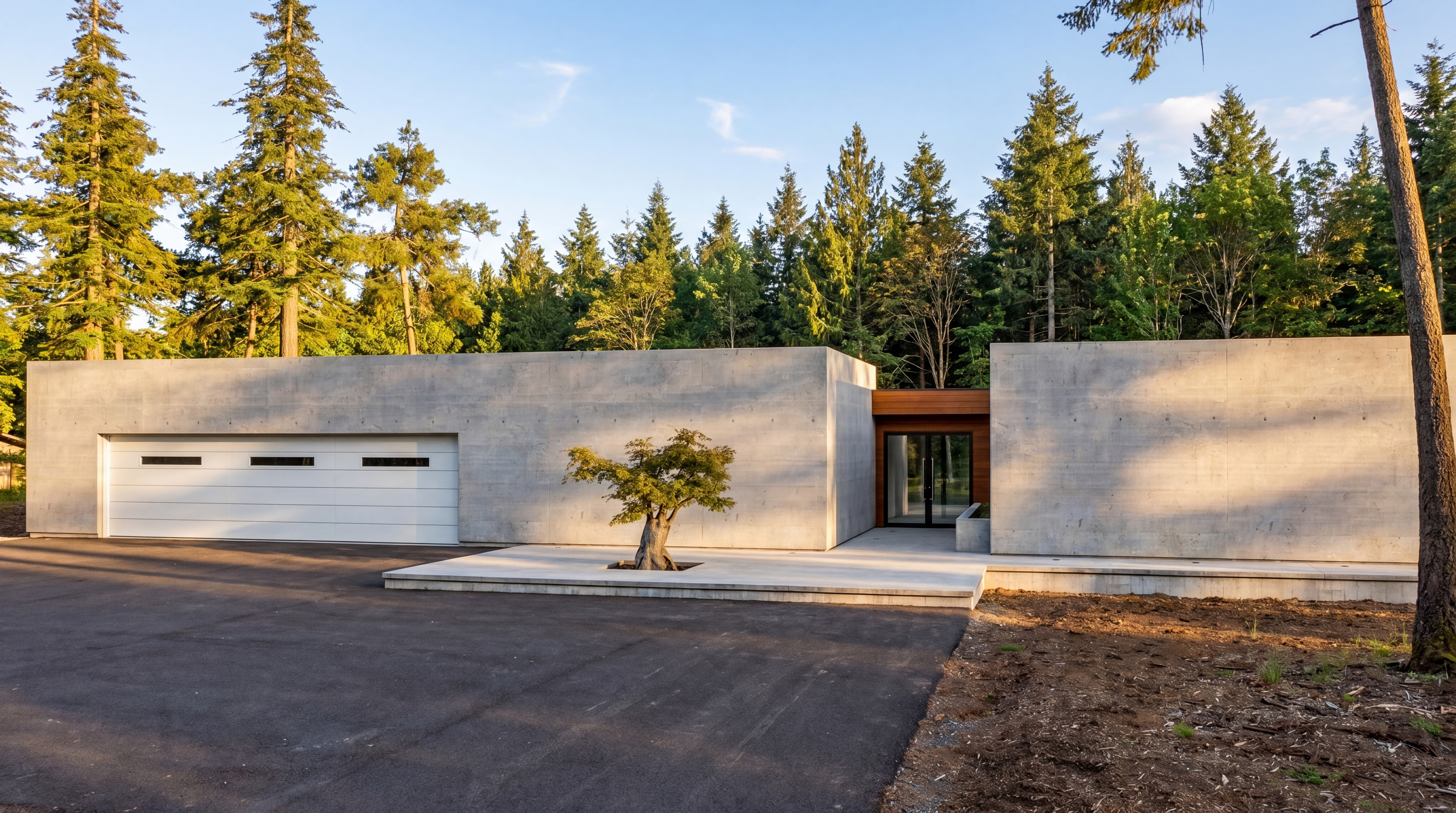 Concrete house among pine trees, rendered with Rendershop