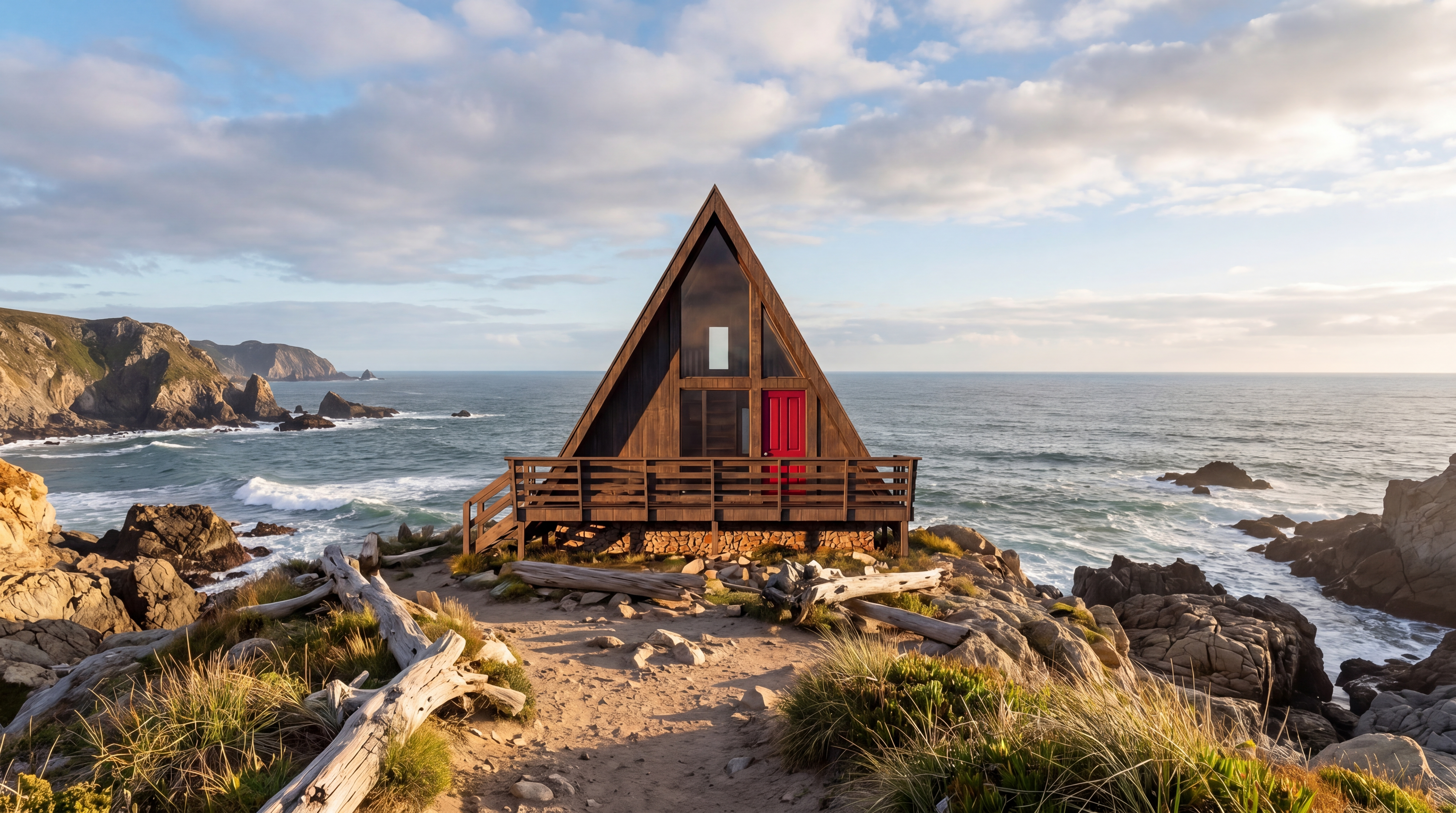 A-frame cabin on a rocky coast, rendered with Rendershop