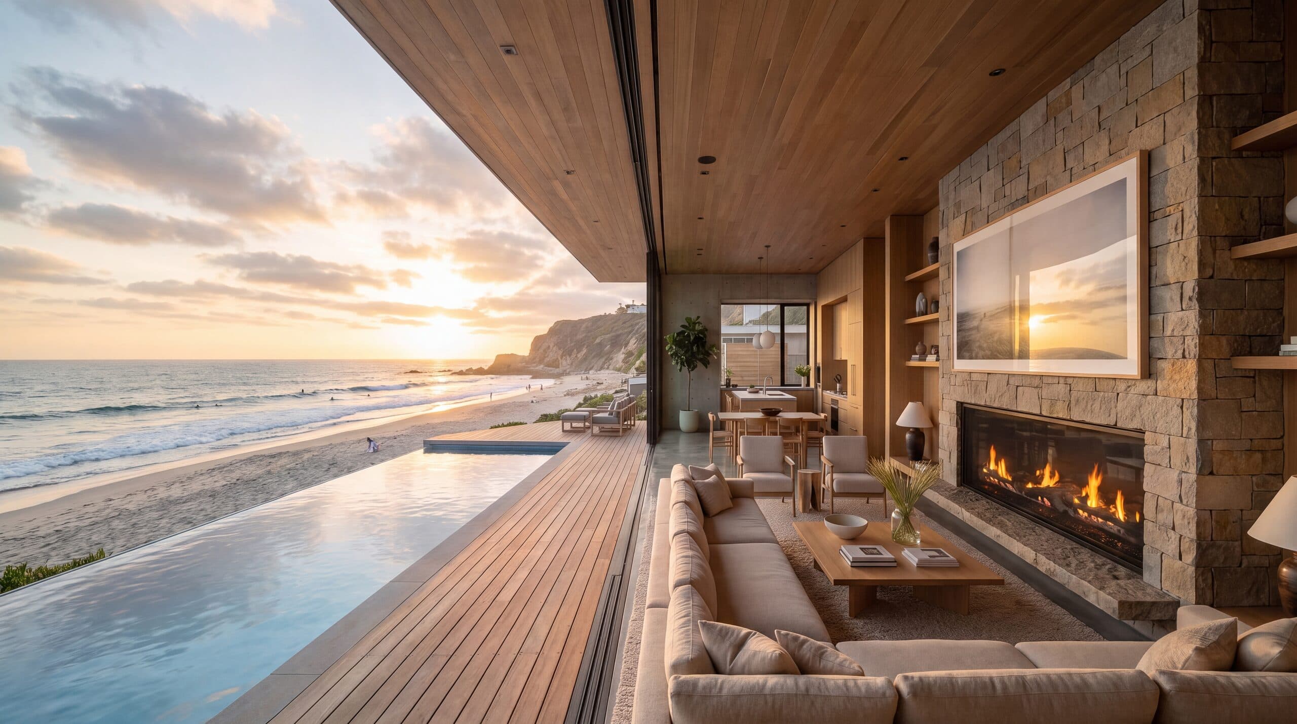 Beachfront living room at sunset, rendered with Rendershop