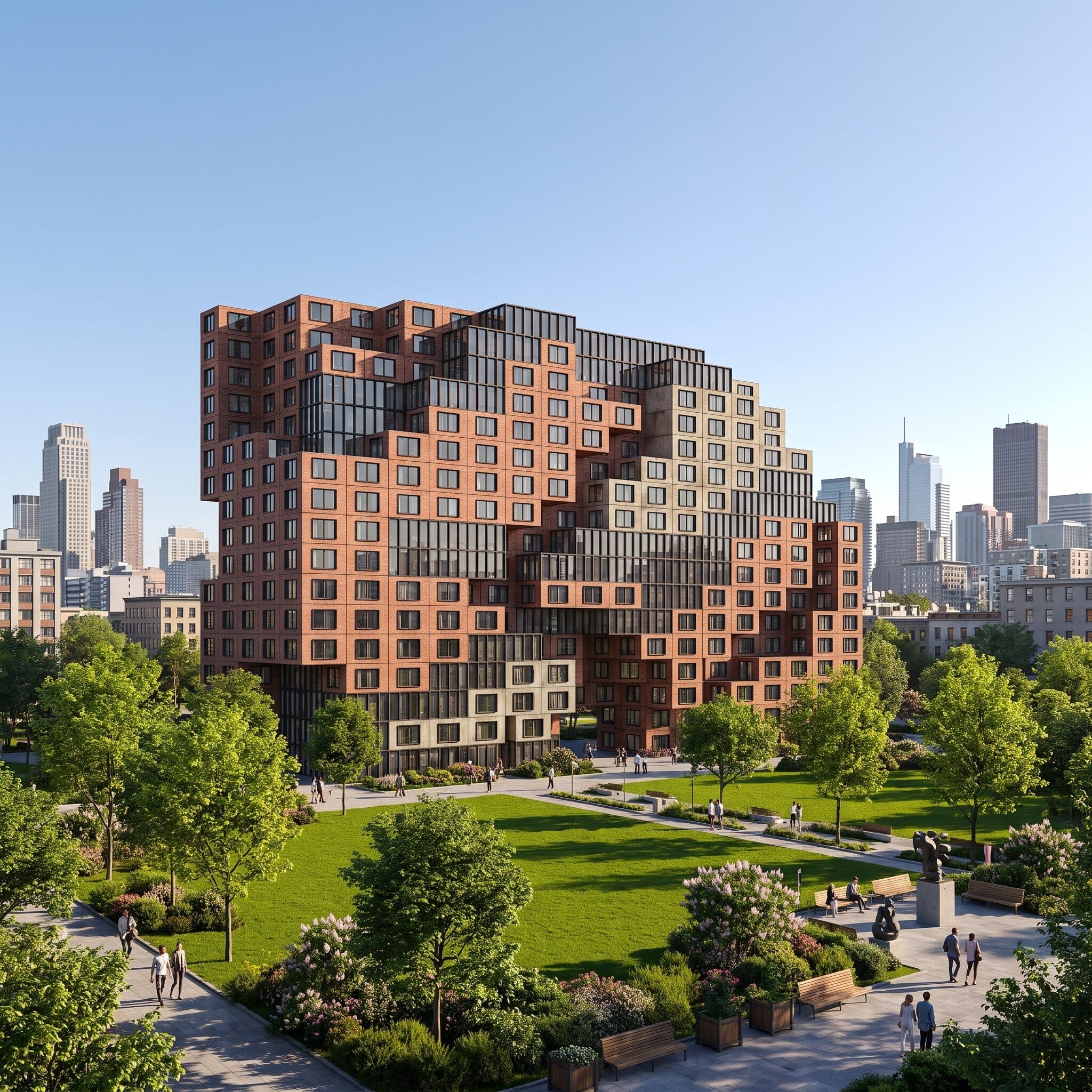 Stacked brick residential tower beside a park, rendered with Rendershop