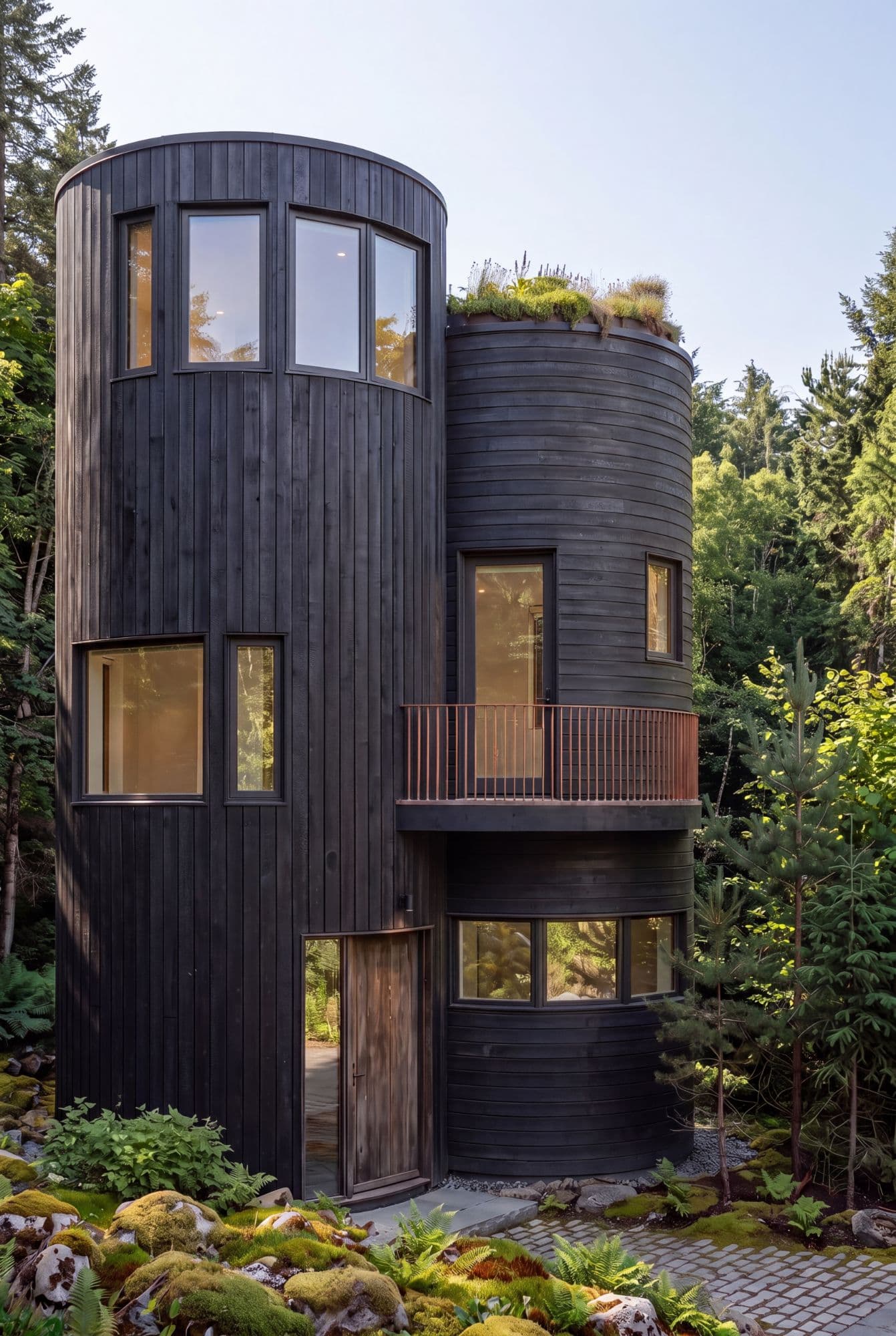 Charred timber tower cabin in a forest clearing, rendered with Rendershop