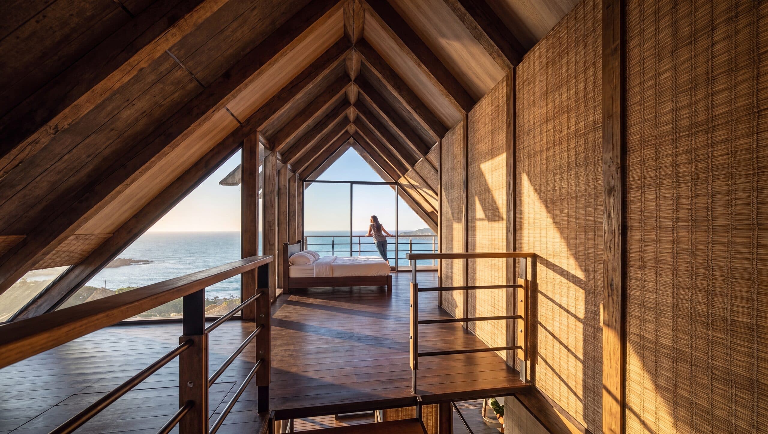 Timber A-frame loft overlooking the ocean, rendered with Rendershop