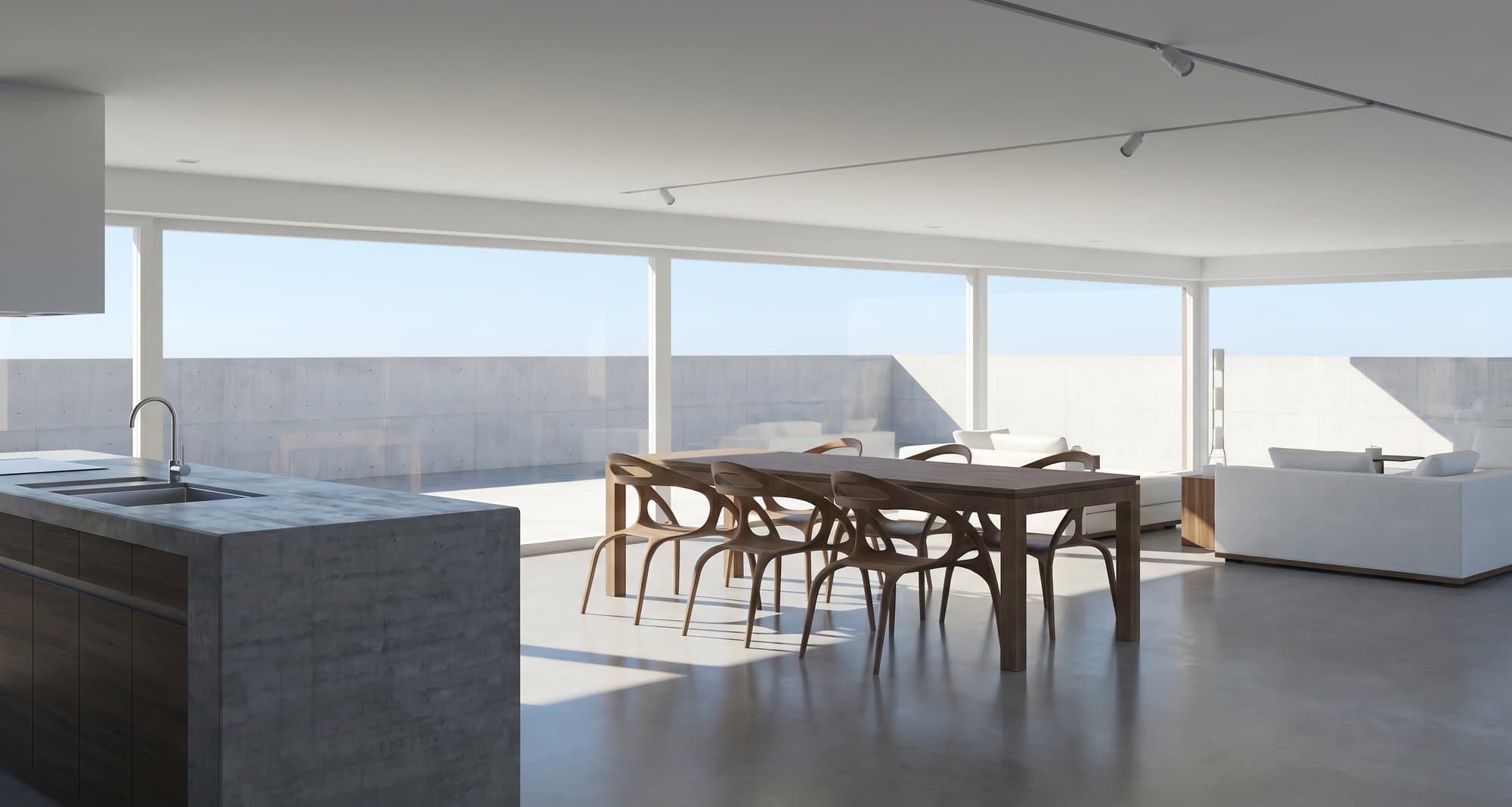 Moody interior render with ambient aurora-toned lighting