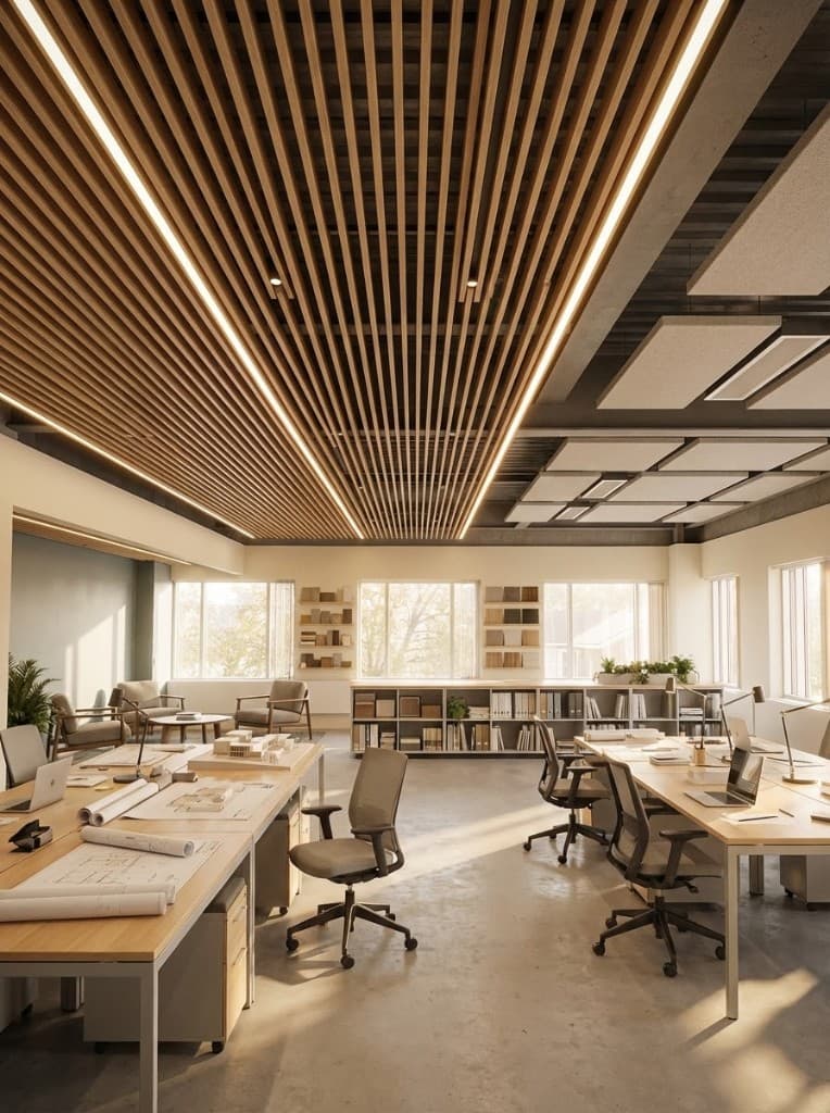 Warm wood office interior design AI