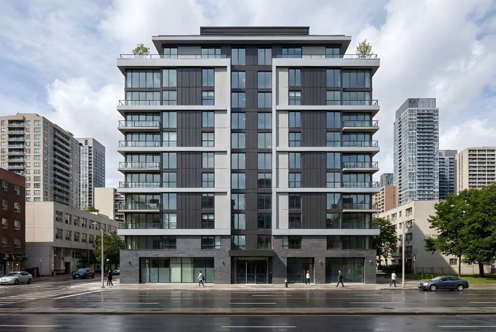 AI-powered architectural visualization of modern urban building