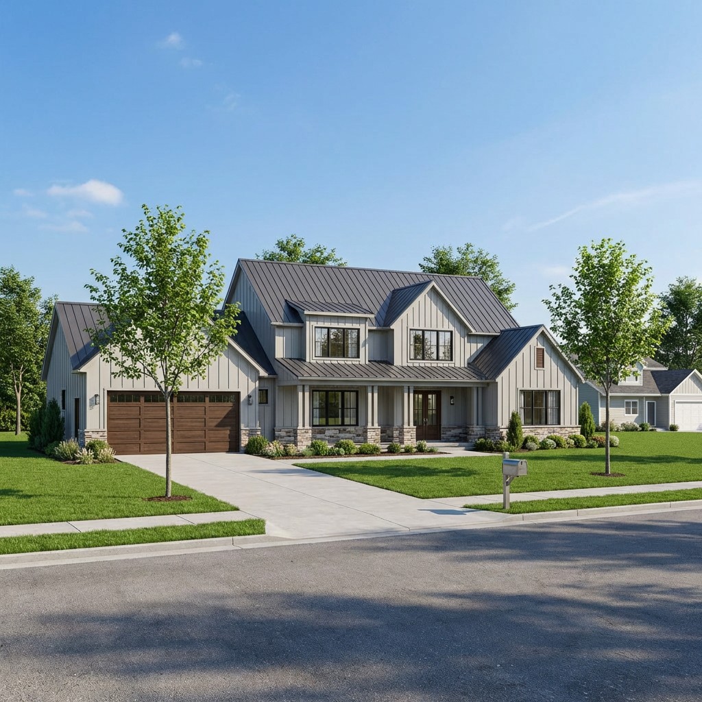 Option A: Grey Roof + Wood Garage
